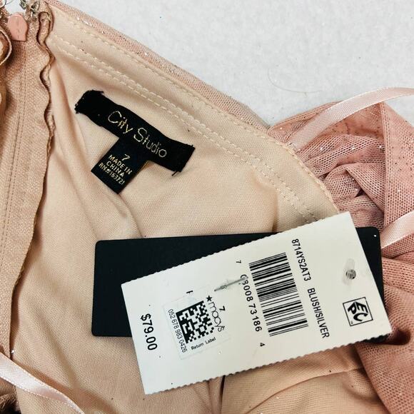 CITY STUDIO sz 7 pink blush silver ruched off shoulder mini dress NWT B89 - Picture 4 of 7